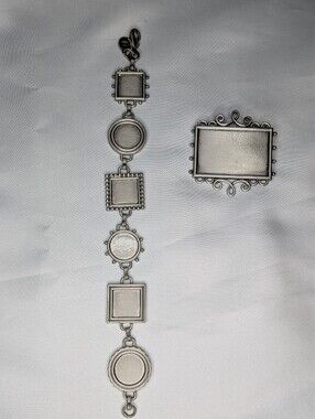 Krikit Vintage Matte Silver Bezel Picture Frame Bracelet & Scroll Brooch Pin Set